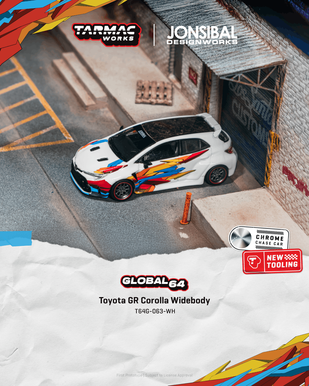 Model car on a miniature street scene with 'Tarmac Works' and 'Jonsibal Design Works' branding.