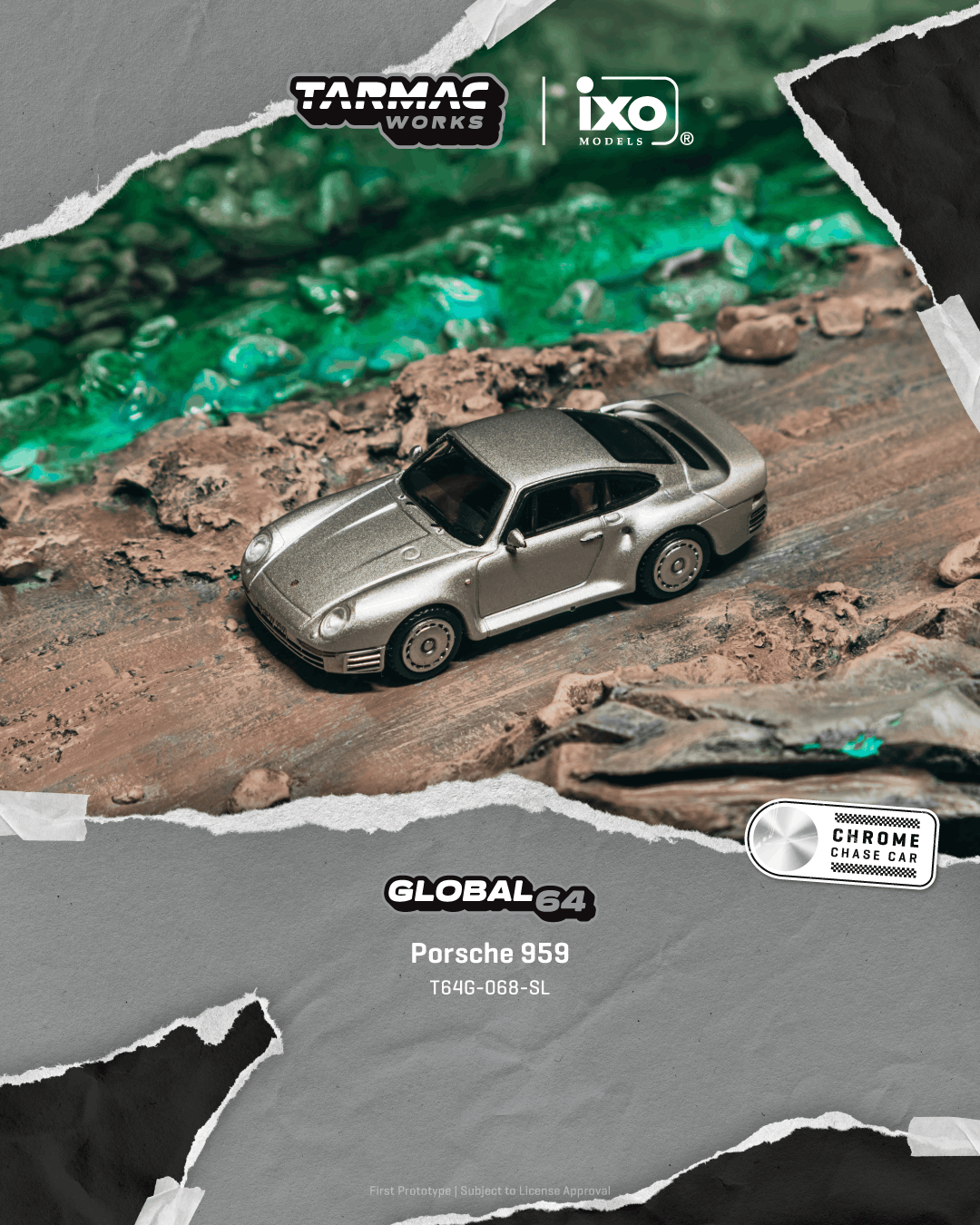 Model car on a rocky landscape with Tarmac Works and ixo branding.