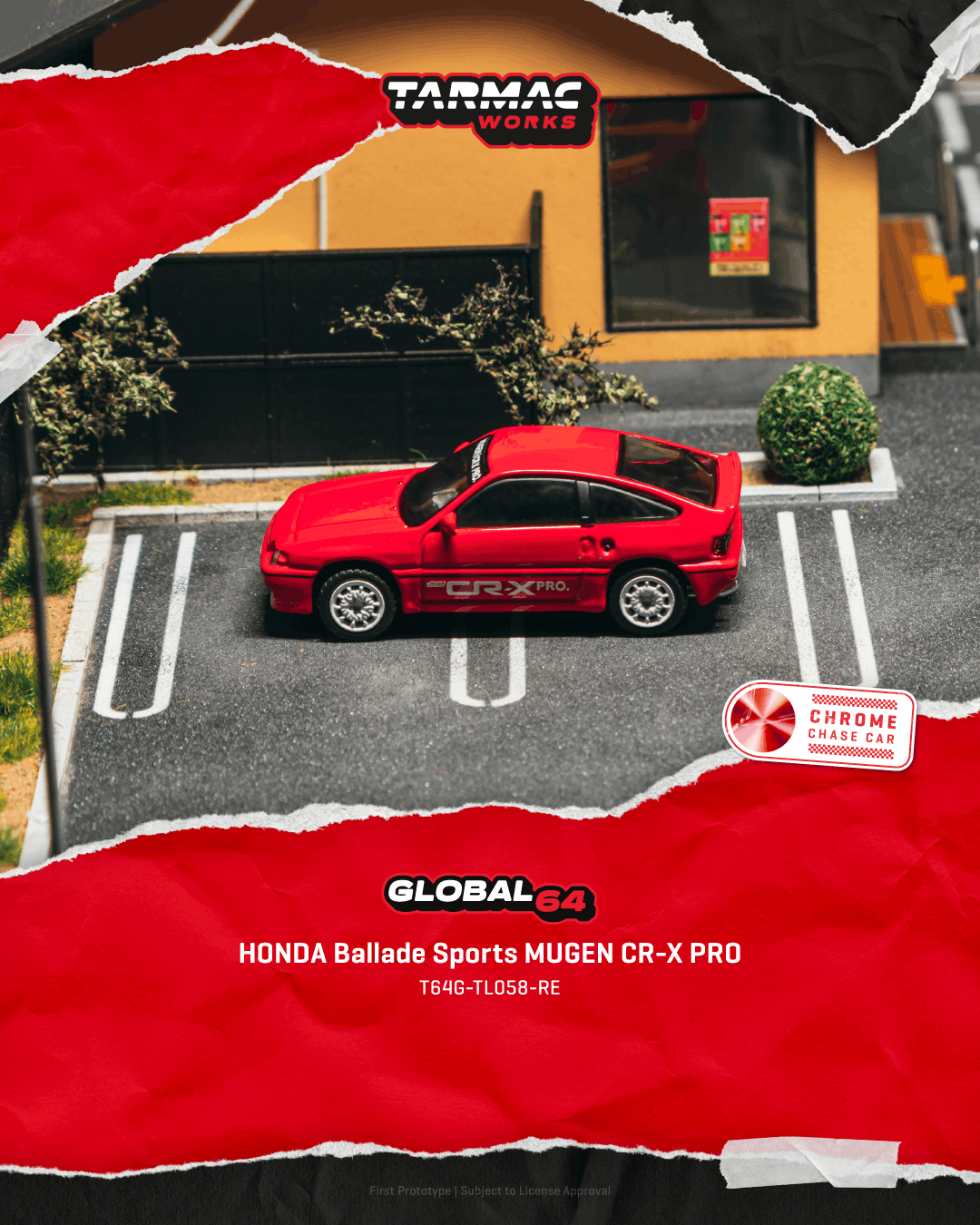 Red Honda Ballade Sports Mugen CR-X Pro car in a parking lot with Tarmac Works branding.