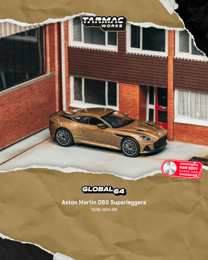 Model car of Aston Martin DBS Superleggera by Tarmac Works on a textured background