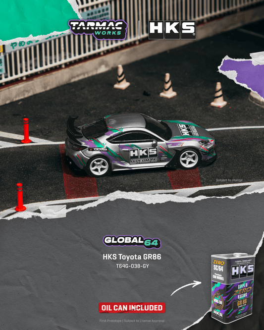 Model car on a track with HKS branding and Tarmac Works logo.
