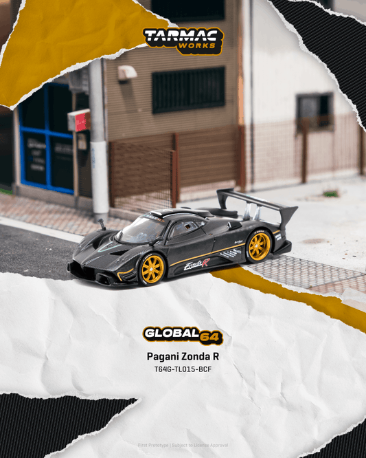 Model car of a Pagani Zonda R on a street background with Tarmac Works branding.