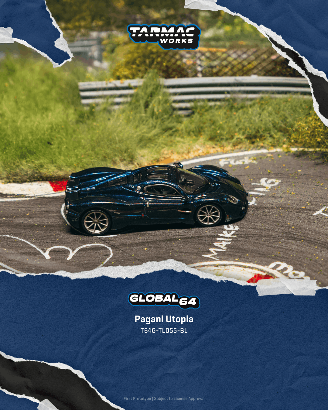 Model car of a Pagani Utopia on a track with Tarmac Works branding.