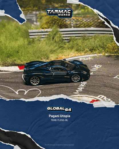 Model car of a Pagani Utopia on a track with Tarmac Works branding.