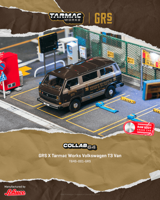 Model Volkswagen T3 van on a miniature parking lot setup with 'Tarmac Works' branding.
