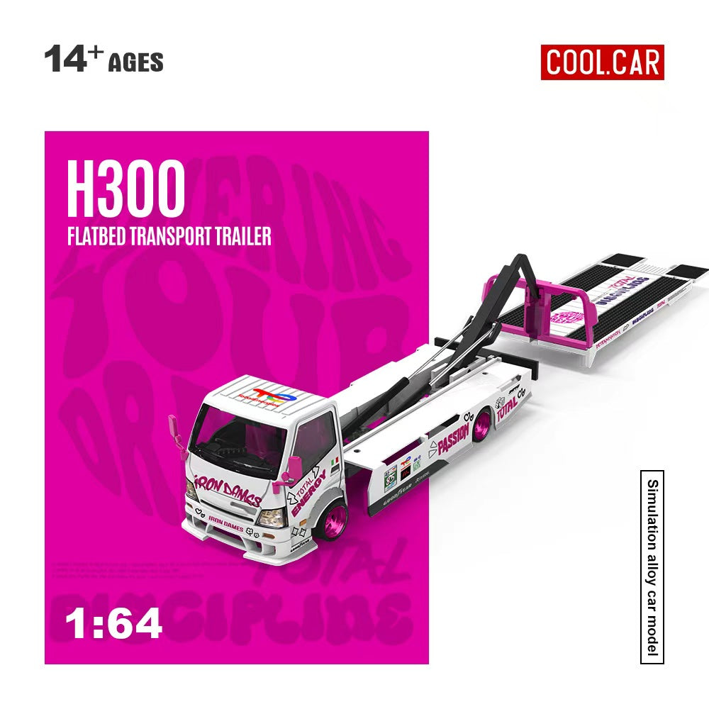 Model toy truck with flatbed transport trailer on a pink background, featuring 'Cool Car' branding.