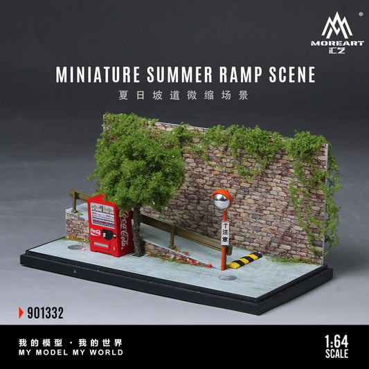 Miniature model of a summer ramp scene with a stone wall, red mailbox, and street lamp on a gray background.