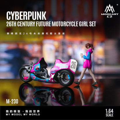 Cyberpunk 26th century future motorcycle girl set with motorcycle and figure on a reflective surface.