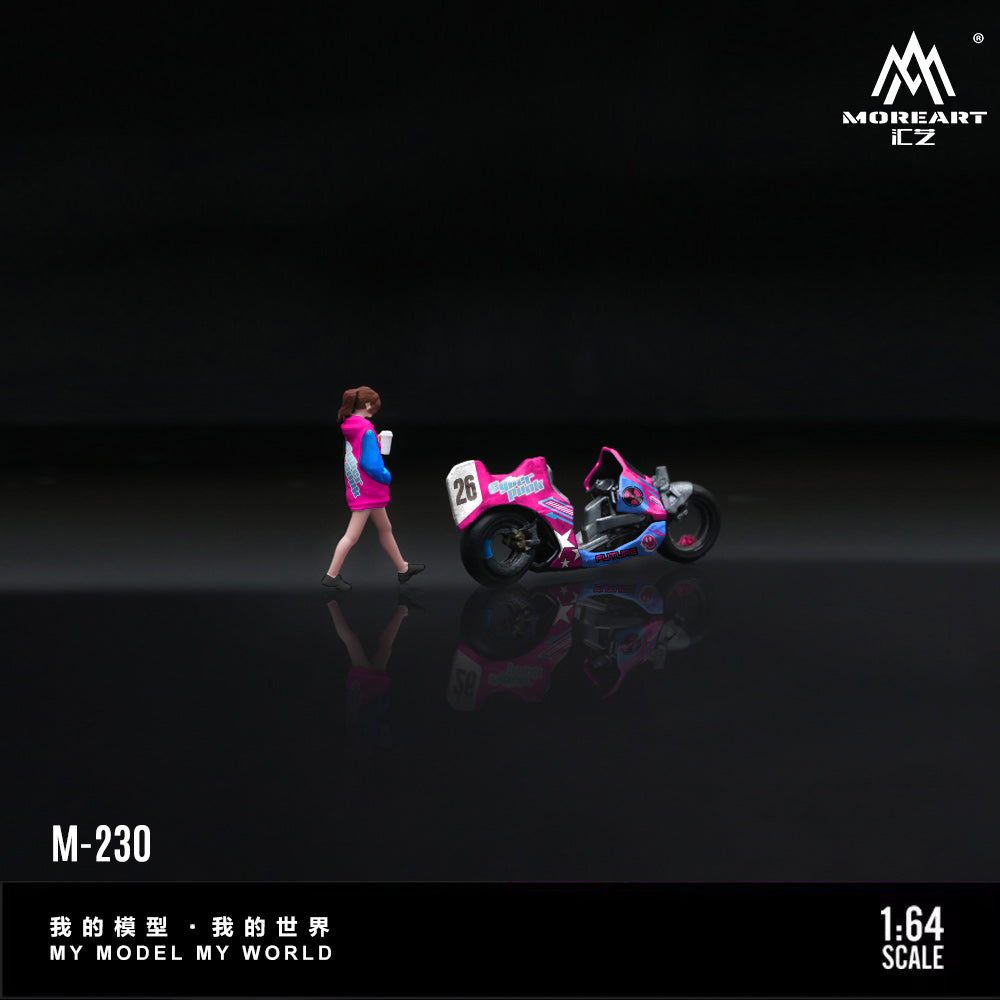 Model car and figure on a reflective surface with 'MOREART' branding.