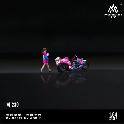 Model car and figure on a reflective surface with 'MOREART' branding.