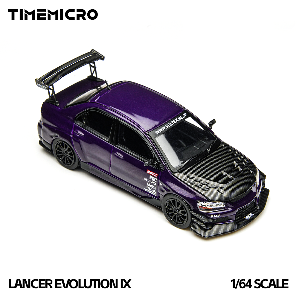Model car of Lancer Evolution IX by Timemicro on a white background