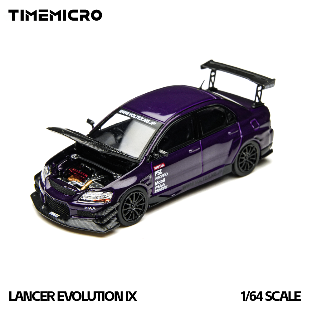 Model car of a purple Lancer Evolution IX with open hood on a white background, featuring the Timemicro brand.