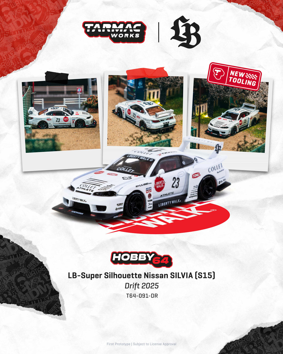Model car of LB-Super Silhouette Nissan Silvia S15 Drift 2025 with Tarmac Works and Hobby 64 branding.