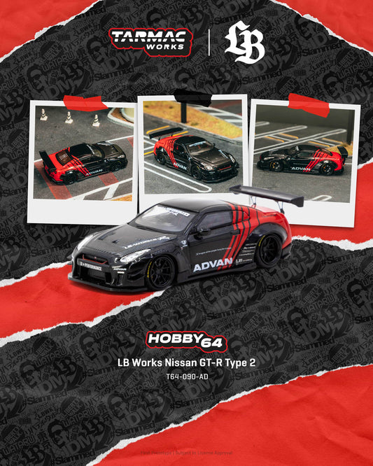 Model car packaging with Tarmac Works and Hobby64 branding, featuring a Nissan GT-R Type 2 model.