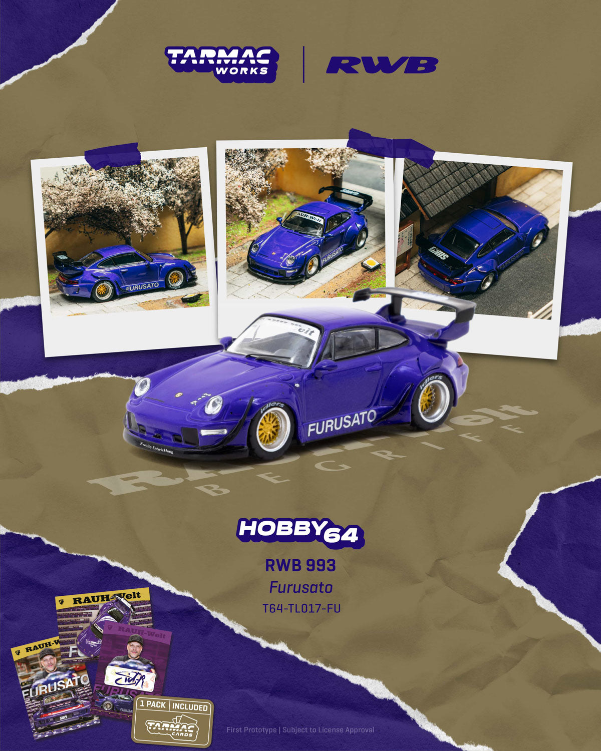 Model car with 'Tarmac Works' and 'RWB' branding on a brown and purple background.