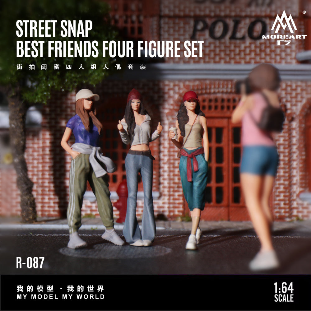 Four figure set of best friends in a street setting with 'MoreArt' branding.