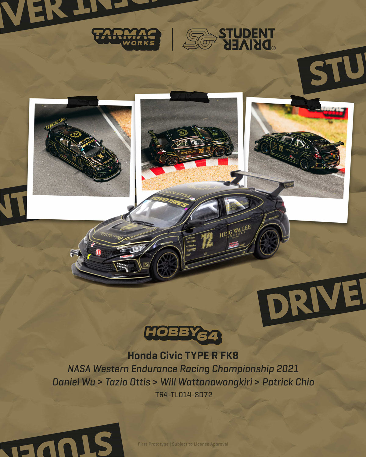 Model car of Honda Civic Type R FK8 on a promotional background with branding and text.