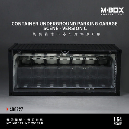Model of a container underground parking garage scene with M-BOX branding on a gray background.
