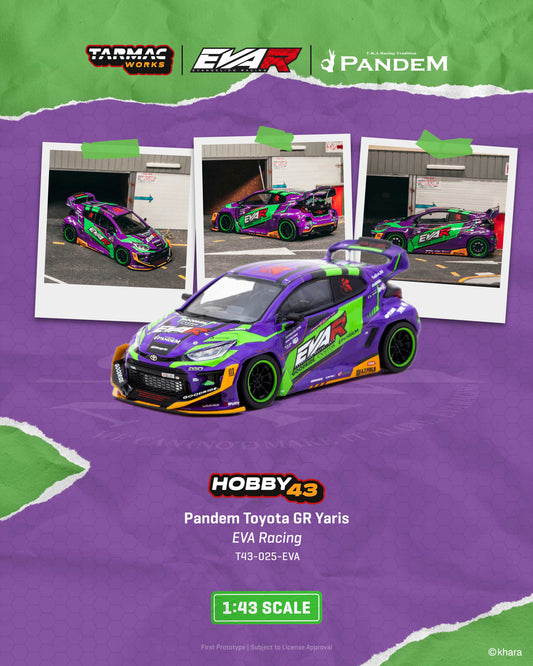 Model car of a Pandem Toyota GR Yaris with Tarmac Works, EVA R, and Pandem branding on a purple and green background.