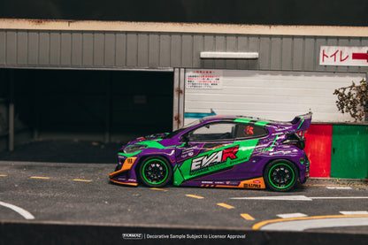 Colorful race car with 'EVA-R' branding on a street.
