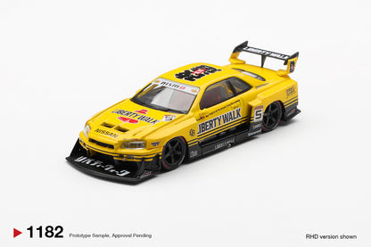 Yellow model car with Liberty Walk branding on a white background