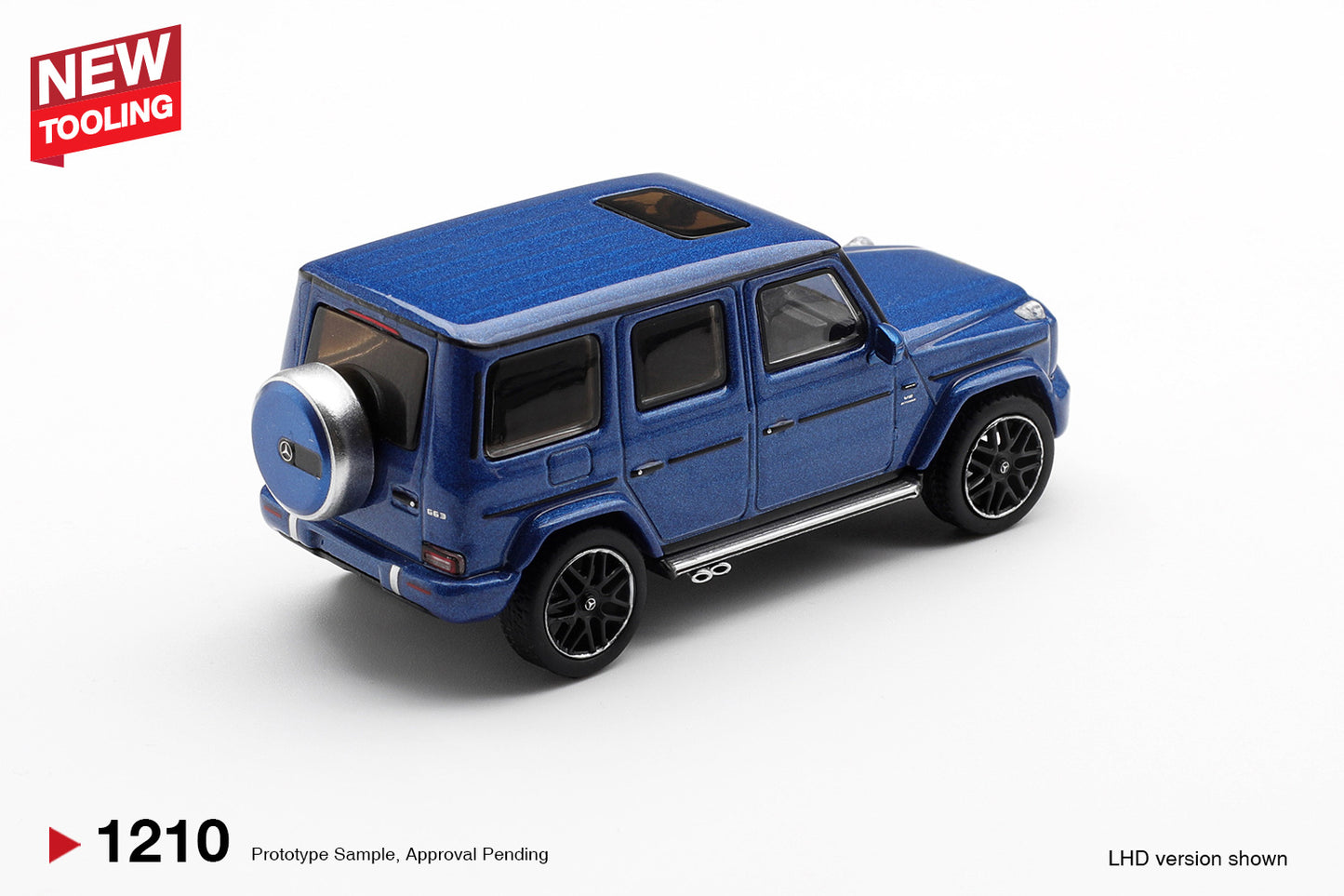 Blue model car on a white background with 'NEW TOOLING' label.