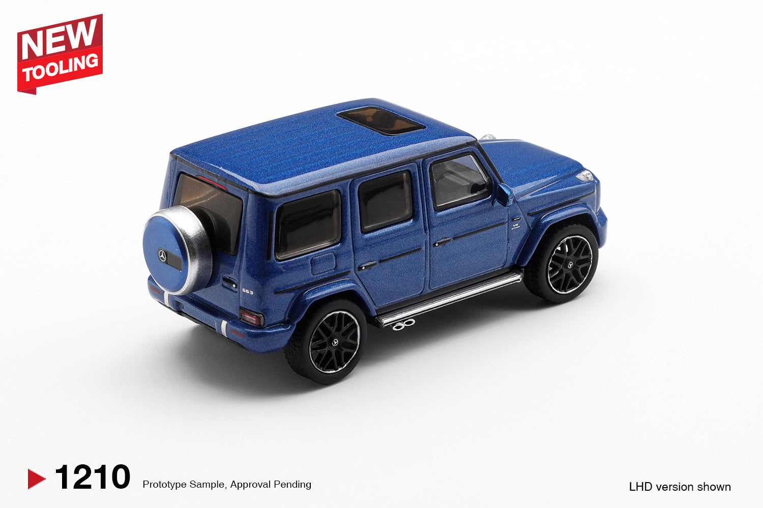 Blue model car on a white background with 'NEW TOOLING' label.