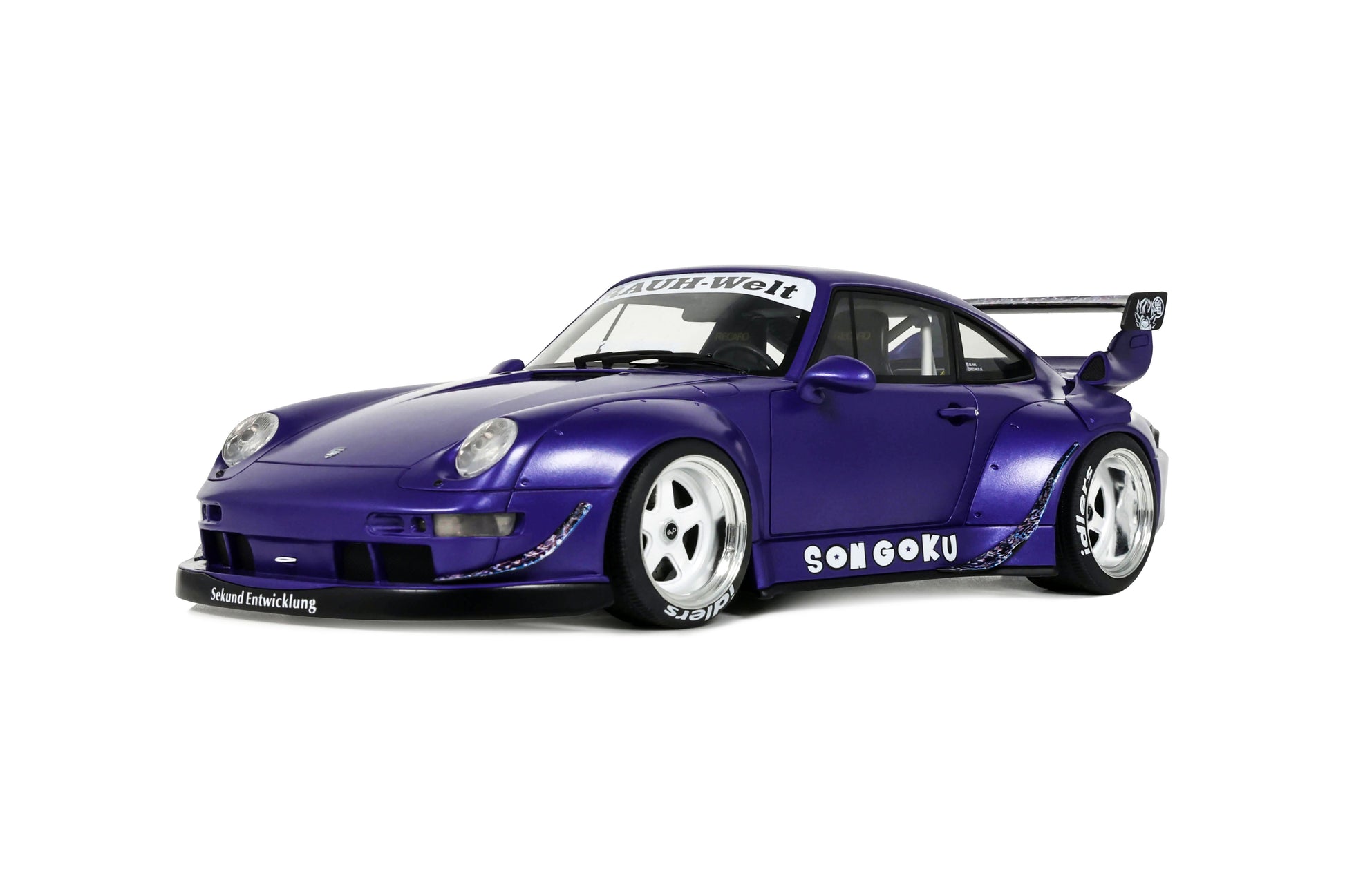 Purple sports car model with visible branding on a white background