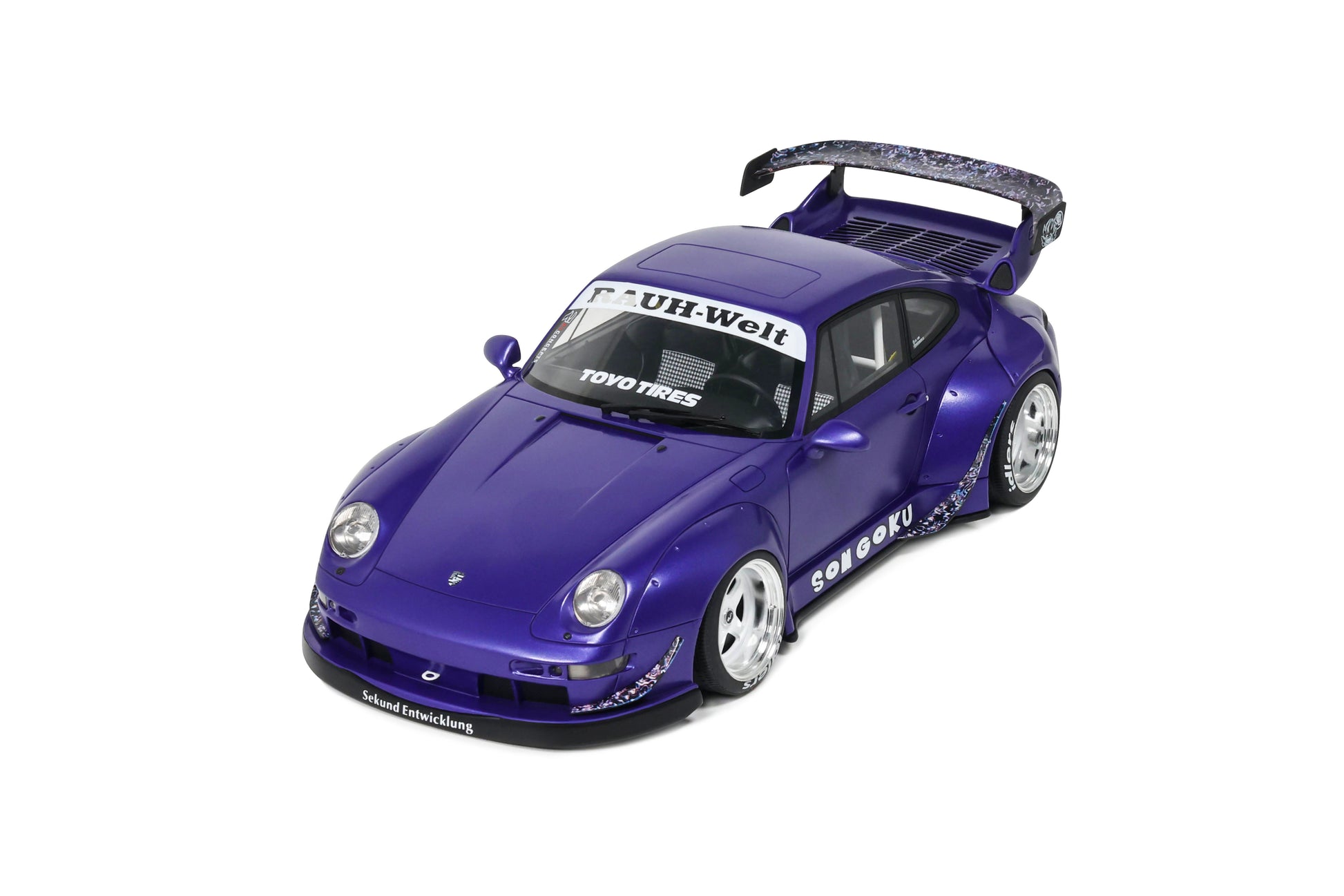Purple model car with visible branding on a white background