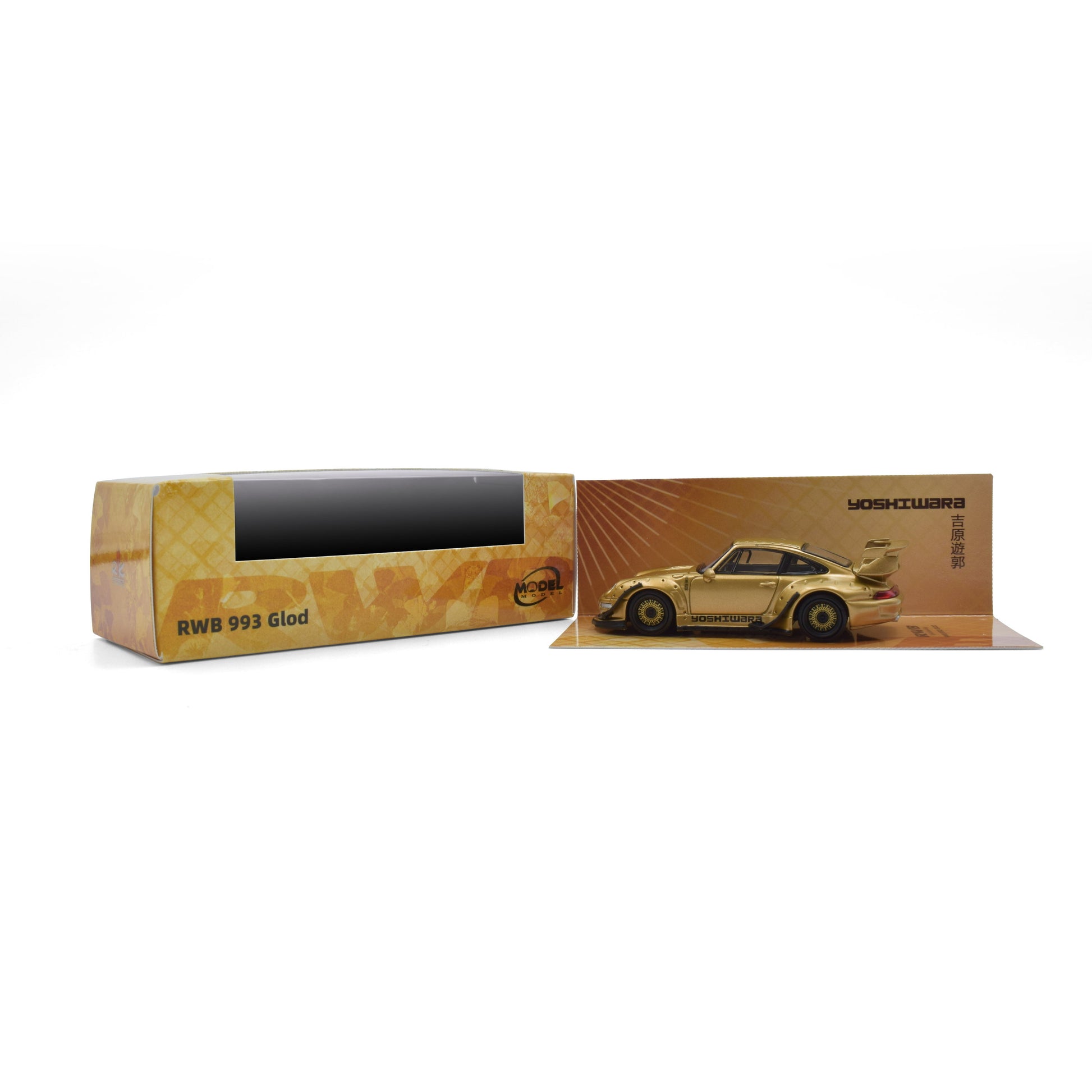 Gold model car with a wooden display box on a white background