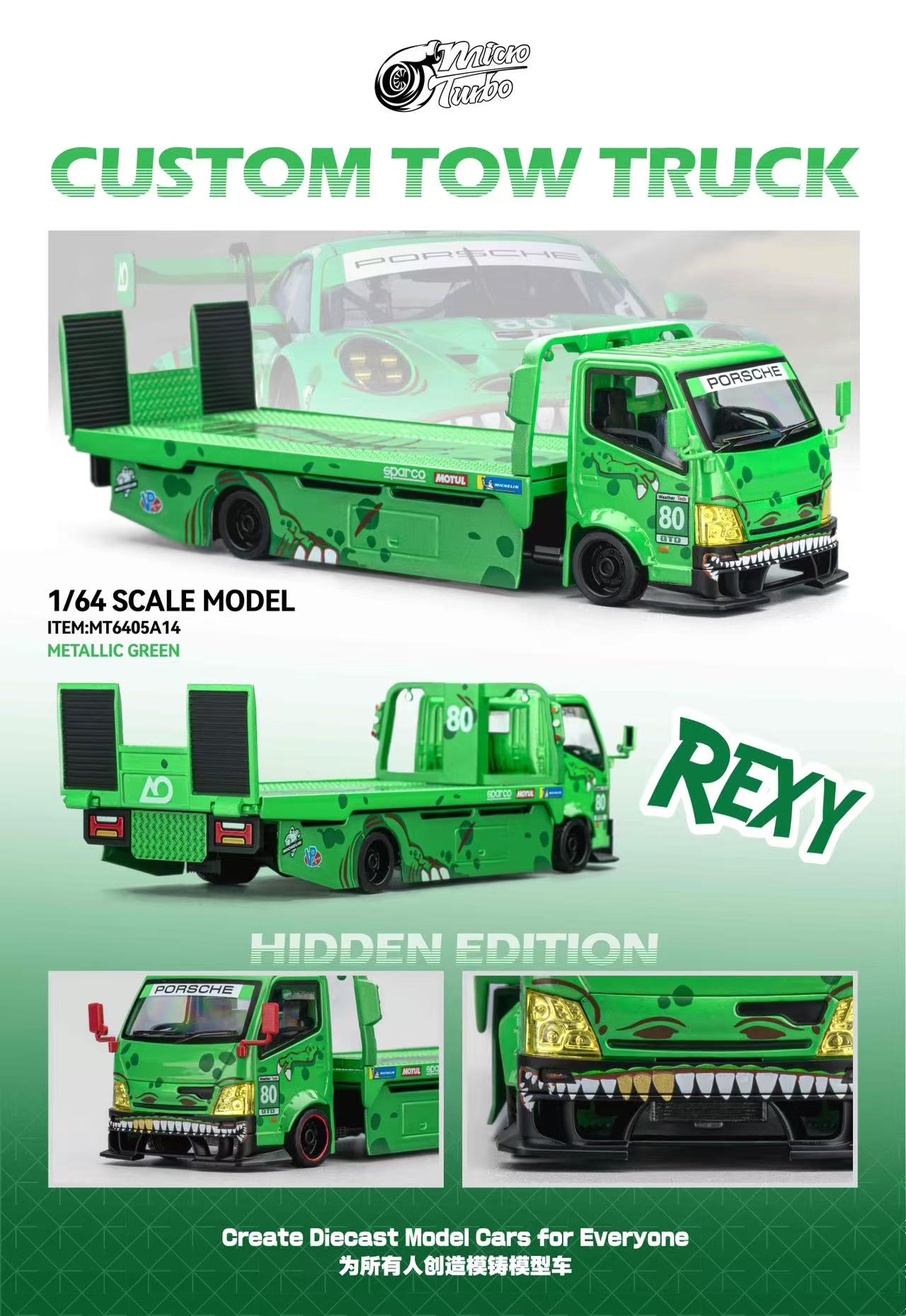 Green tow truck model with 'REXY' branding on a promotional poster.