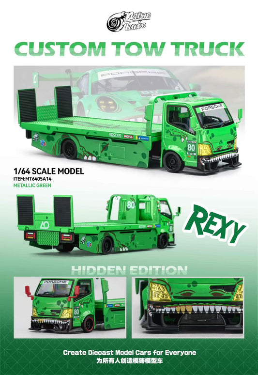 Green tow truck model with 'REXY' branding on a promotional poster.
