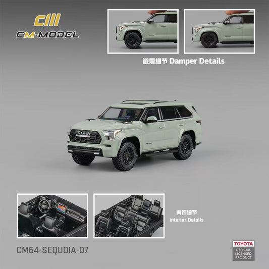 Model toy of a Toyota Sequoia with detailed views on a gray background, featuring CM Model branding.