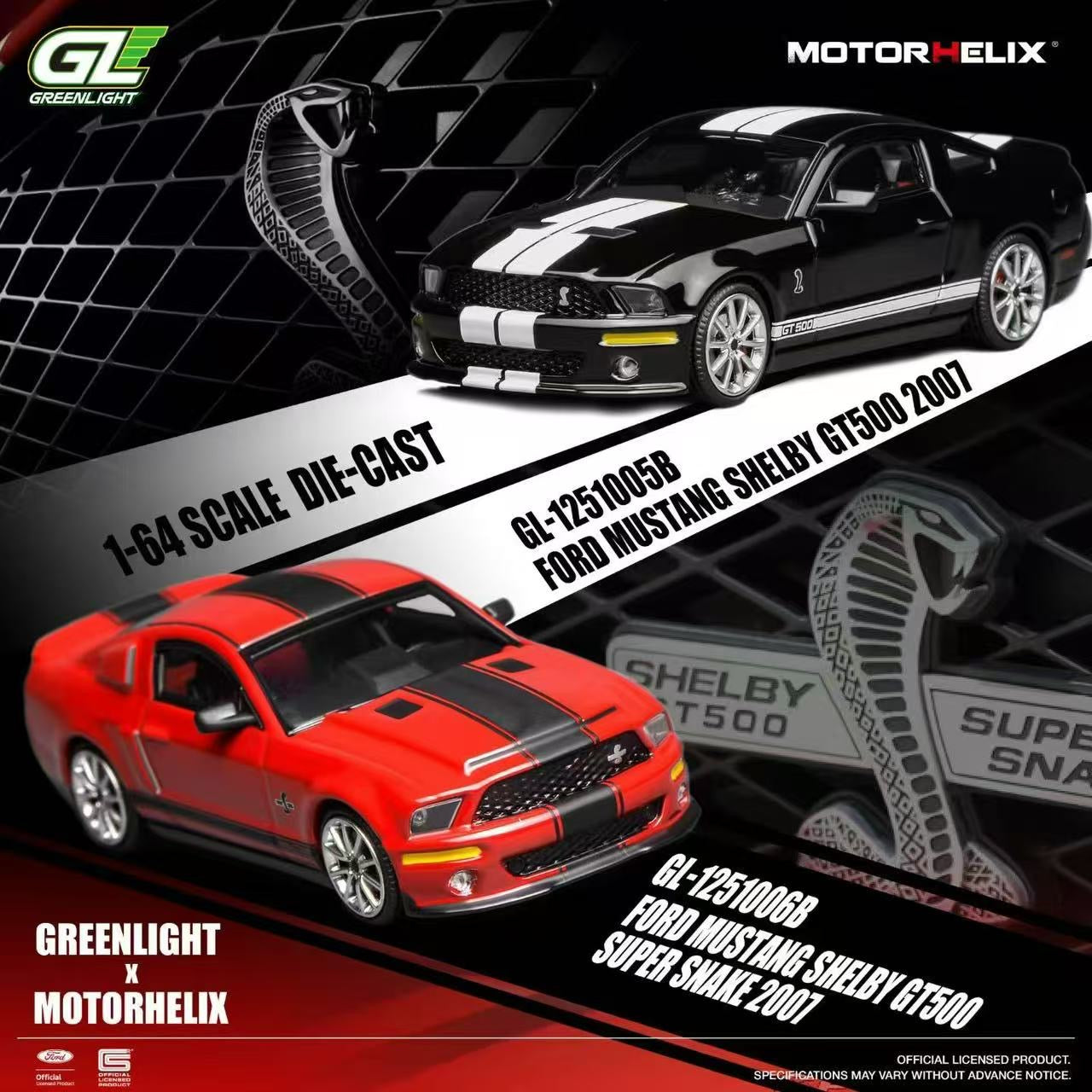 Two model cars, one red and one black with white stripes, on a promotional background with logos and text.