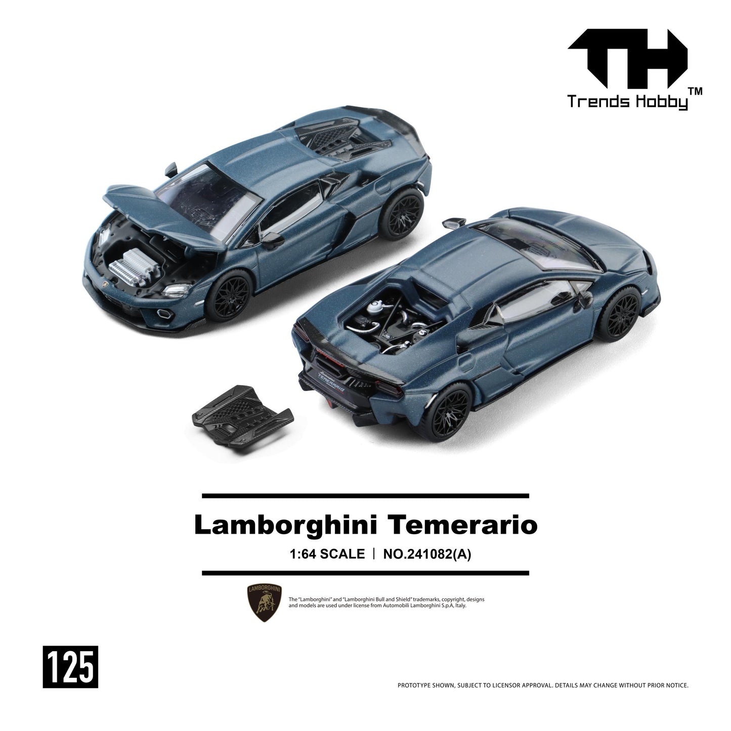 Model of a Lamborghini Temerario car with open hood on a white background, featuring Trends Hobby branding.