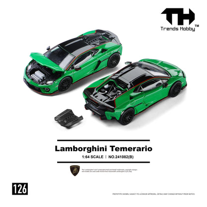 Model of a green Lamborghini Temerario car with open doors on a white background, featuring Trends Hobby branding.