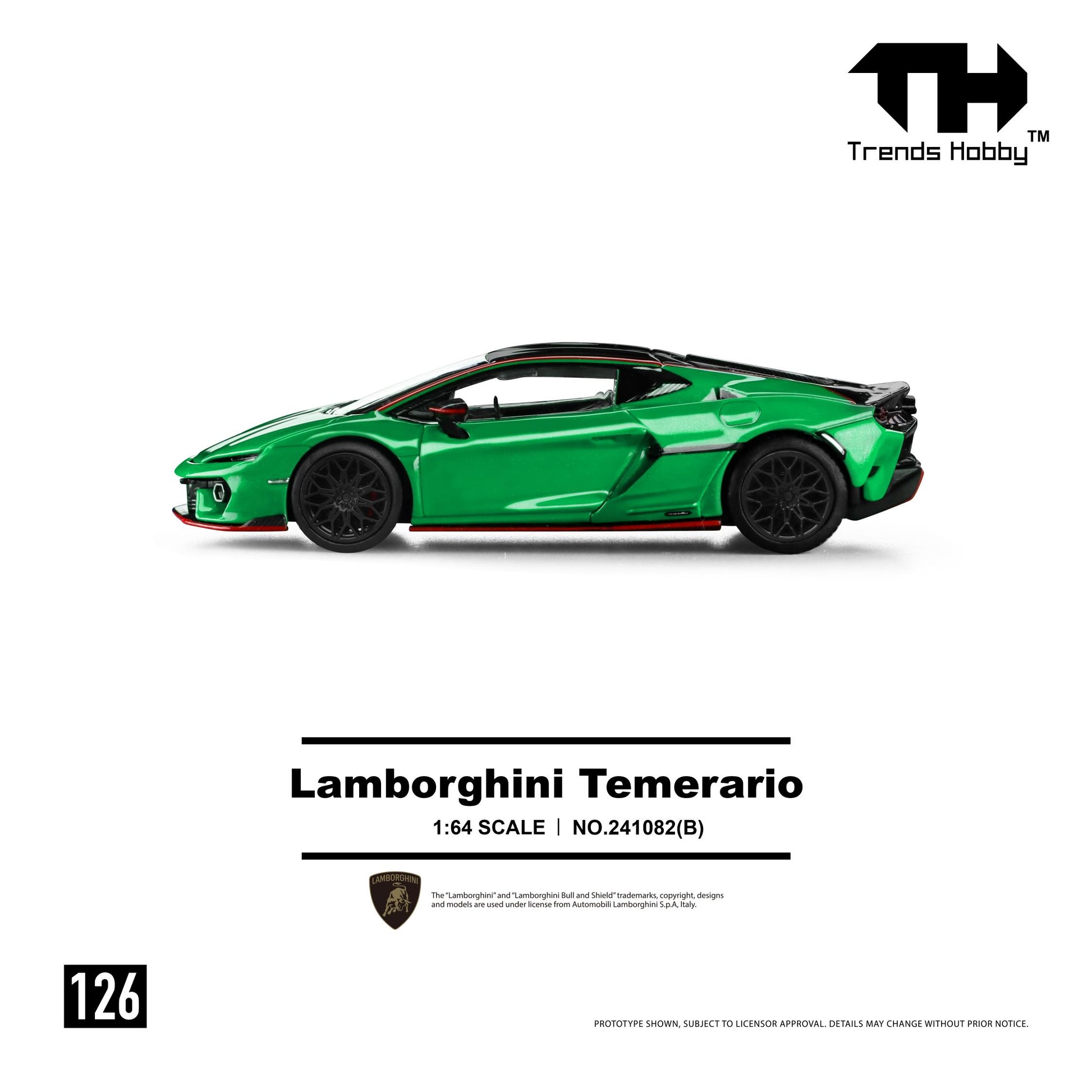 Green Lamborghini Temerario model car on a white background with Trends Hobby branding.