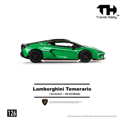 Model car of Lamborghini Temerario with 'Trends Hobby' branding on a white background