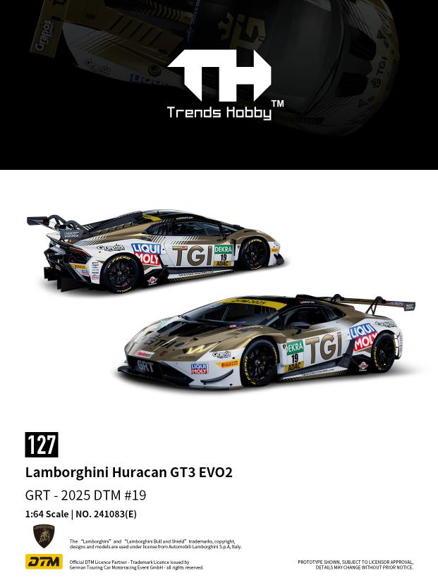 Model car of Lamborghini Huracan GT3 EVO2 with 'Trends Hobby' branding on a white background.