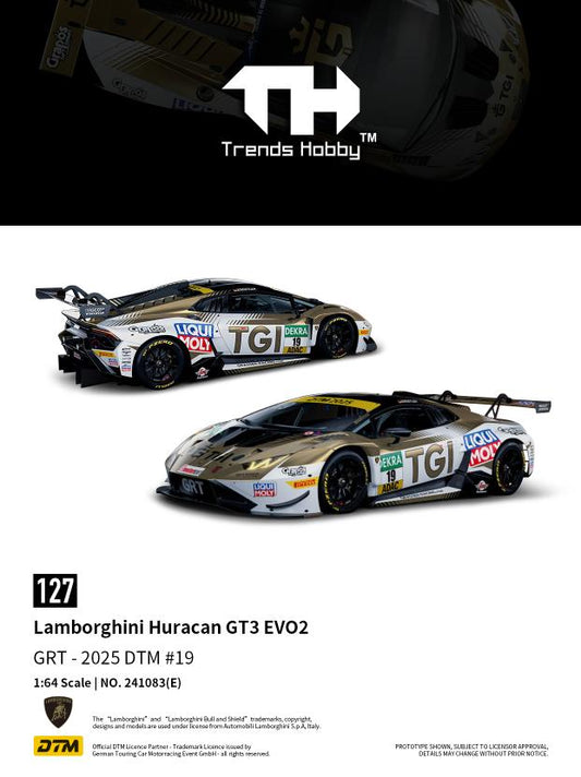 Model car of Lamborghini Huracan GT3 EVO2 with 'Trends Hobby' branding on a white background.