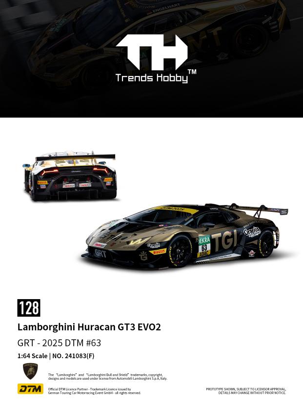 Model car of Lamborghini Huracan GT3 EVO2 with Trends Hobby branding on a white background.