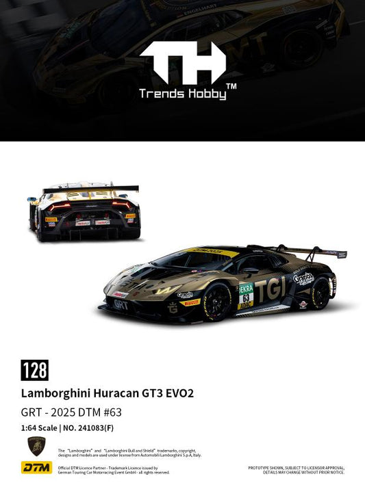 Model car of Lamborghini Huracan GT3 EVO2 with Trends Hobby branding on a white background.
