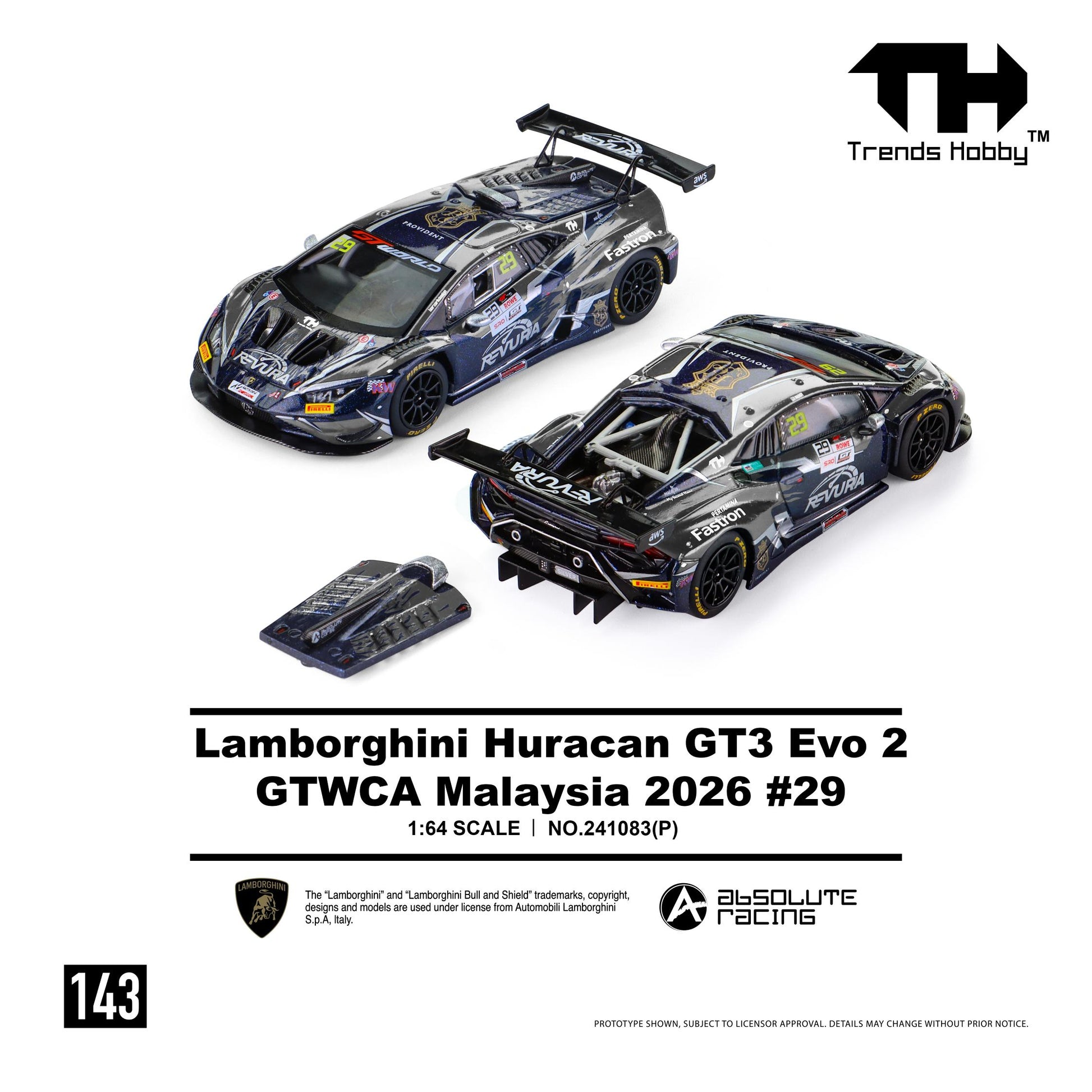 Top view of the 1:64 Trends Hobby Lamborghini Huracan GT3 Evo 2 GTWCA Malaysia 2026 #29 diecast model with the removable rear engine cover detached, showcasing the detailed racing interior, roll cage, rear diffuser, large GT wing, Revura Racing livery, and premium GT3 race car detailing.