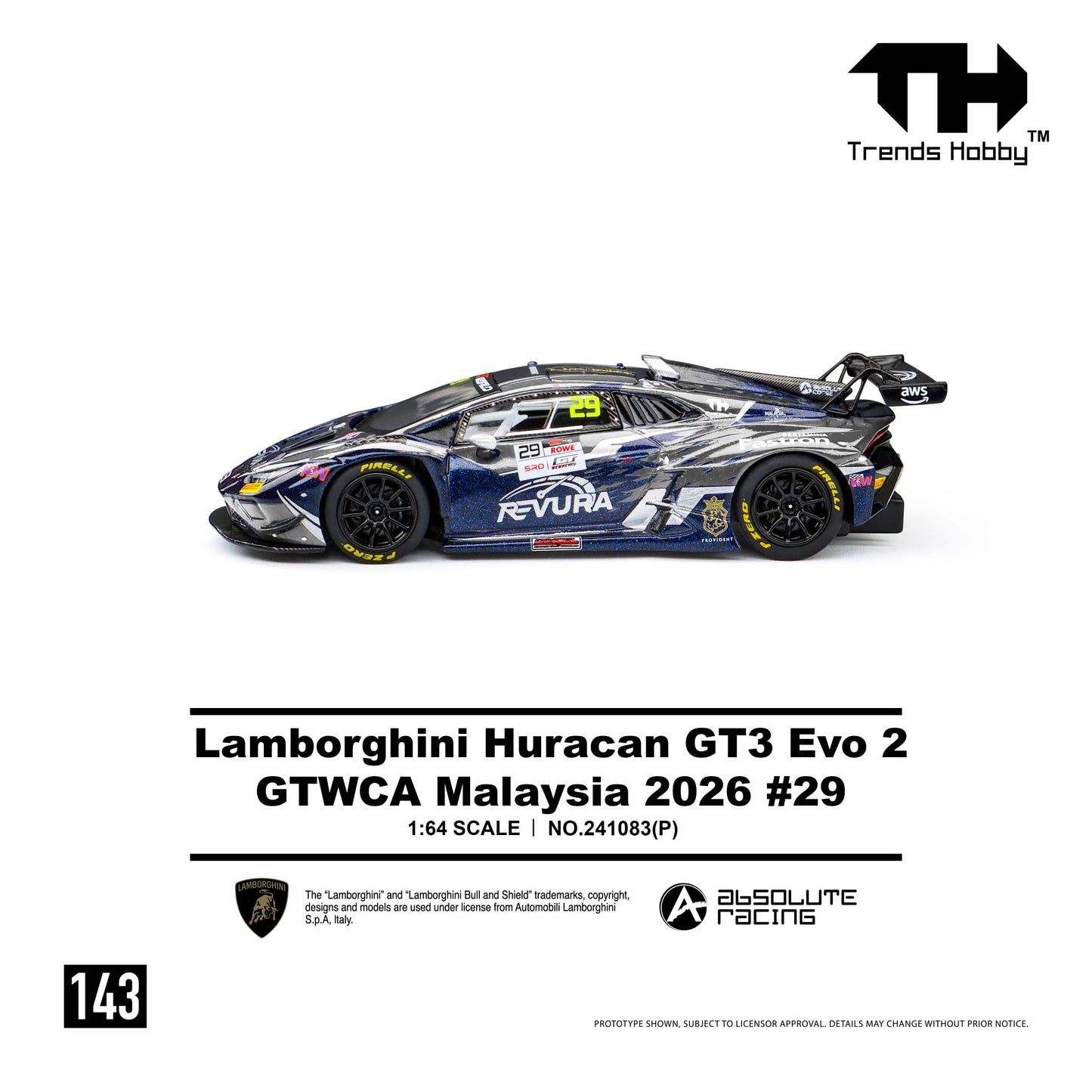 Left side profile of the 1:64 Trends Hobby Lamborghini Huracan GT3 Evo 2 GTWCA Malaysia 2026 #29 diecast race car featuring the Revura Racing livery, Pirelli racing slicks, large GT rear wing, sponsor decals, and officially licensed Lamborghini GT3 styling.