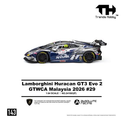 Left side profile of the 1:64 Trends Hobby Lamborghini Huracan GT3 Evo 2 GTWCA Malaysia 2026 #29 diecast race car featuring the Revura Racing livery, Pirelli racing slicks, large GT rear wing, sponsor decals, and officially licensed Lamborghini GT3 styling.