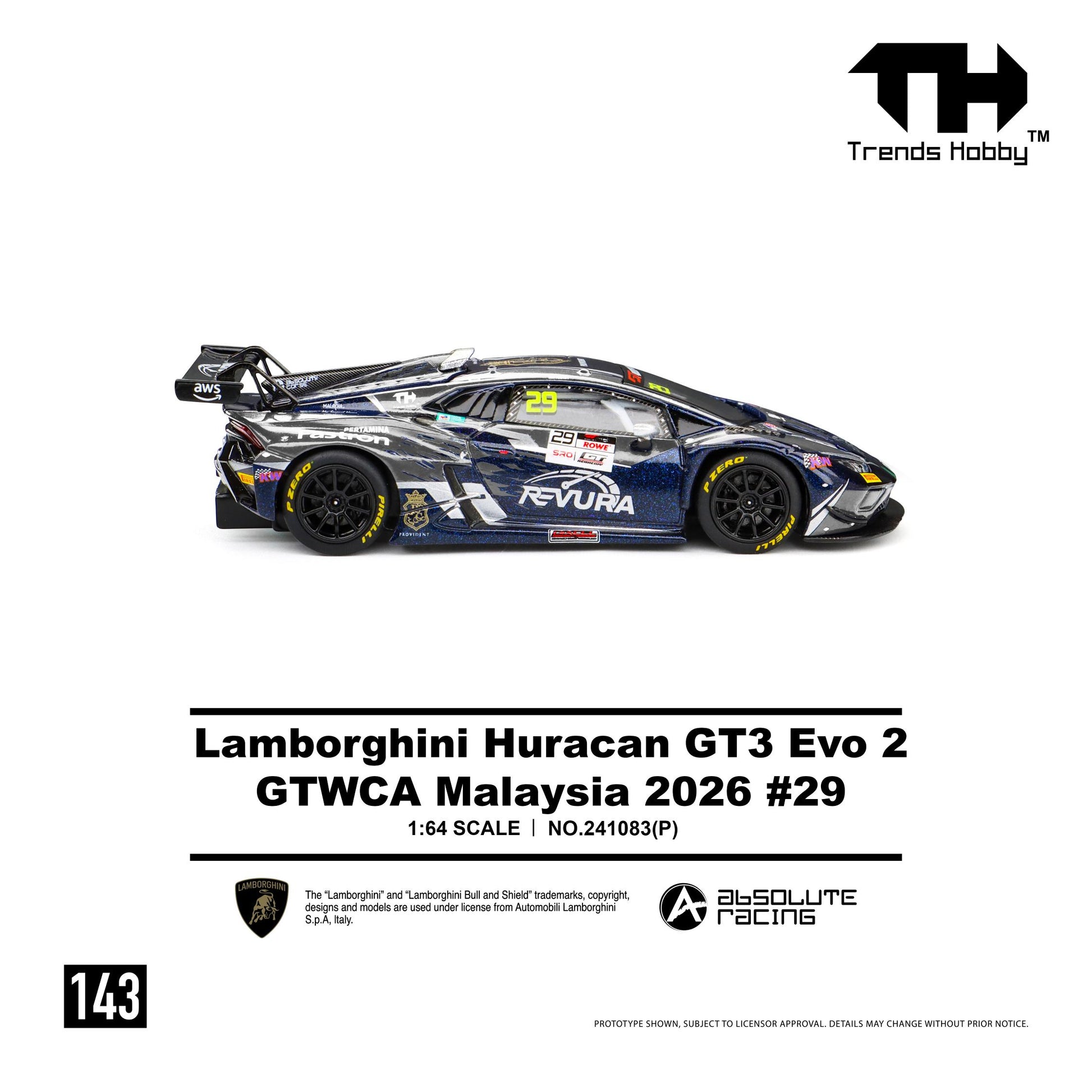 Right side profile of the 1:64 Trends Hobby Lamborghini Huracan GT3 Evo 2 GTWCA Malaysia 2026 #29 diecast race car featuring the Revura Racing livery, Pirelli racing slicks, large GT rear wing, sponsor decals, aerodynamic bodywork, and officially licensed Lamborghini GT3 styling.