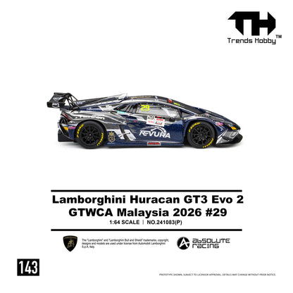 Right side profile of the 1:64 Trends Hobby Lamborghini Huracan GT3 Evo 2 GTWCA Malaysia 2026 #29 diecast race car featuring the Revura Racing livery, Pirelli racing slicks, large GT rear wing, sponsor decals, aerodynamic bodywork, and officially licensed Lamborghini GT3 styling.