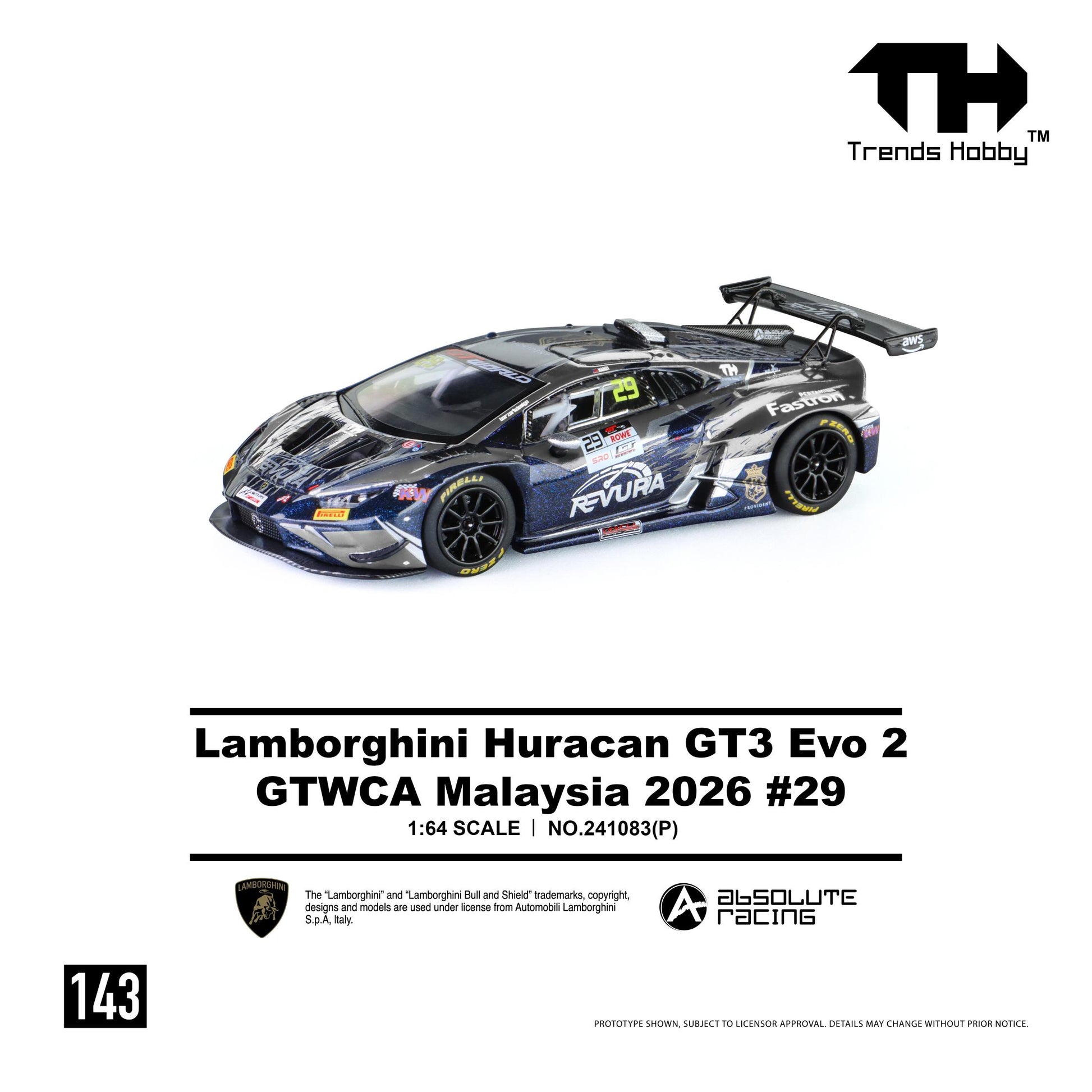 Front left three-quarter view of the 1:64 Trends Hobby Lamborghini Huracan GT3 Evo 2 GTWCA Malaysia 2026 #29 diecast race car featuring the Revura Racing livery, large rear wing, Pirelli racing tires, detailed sponsor decals, and officially licensed Lamborghini GT3 styling