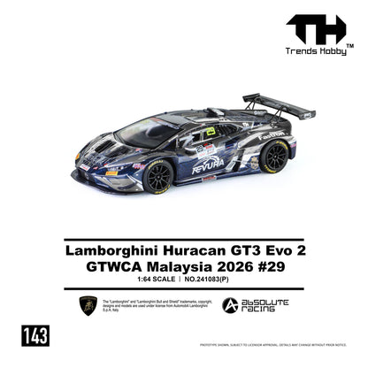 Front left three-quarter view of the 1:64 Trends Hobby Lamborghini Huracan GT3 Evo 2 GTWCA Malaysia 2026 #29 diecast race car featuring the Revura Racing livery, large rear wing, Pirelli racing tires, detailed sponsor decals, and officially licensed Lamborghini GT3 styling