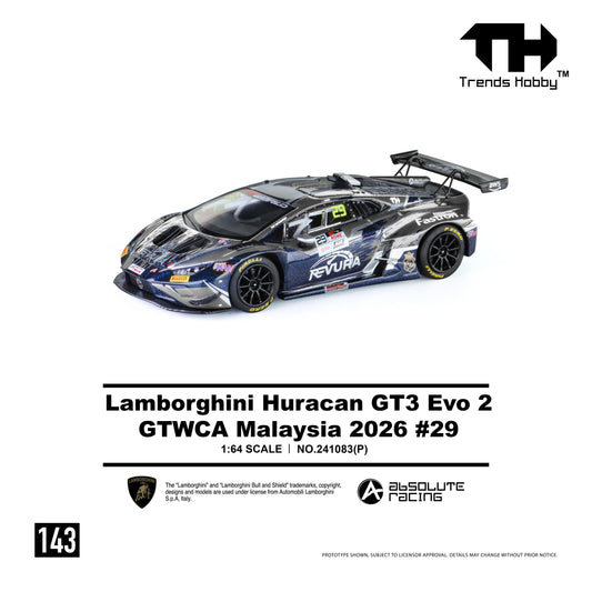 Front left three-quarter view of the 1:64 Trends Hobby Lamborghini Huracan GT3 Evo 2 GTWCA Malaysia 2026 #29 diecast race car featuring the Revura Racing livery, large rear wing, Pirelli racing tires, detailed sponsor decals, and officially licensed Lamborghini GT3 styling